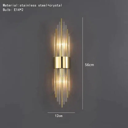 Modern gold crystal led wall lamp bedroom sconce featuring vertical stainless steel and crystal rods decorbites crystal led