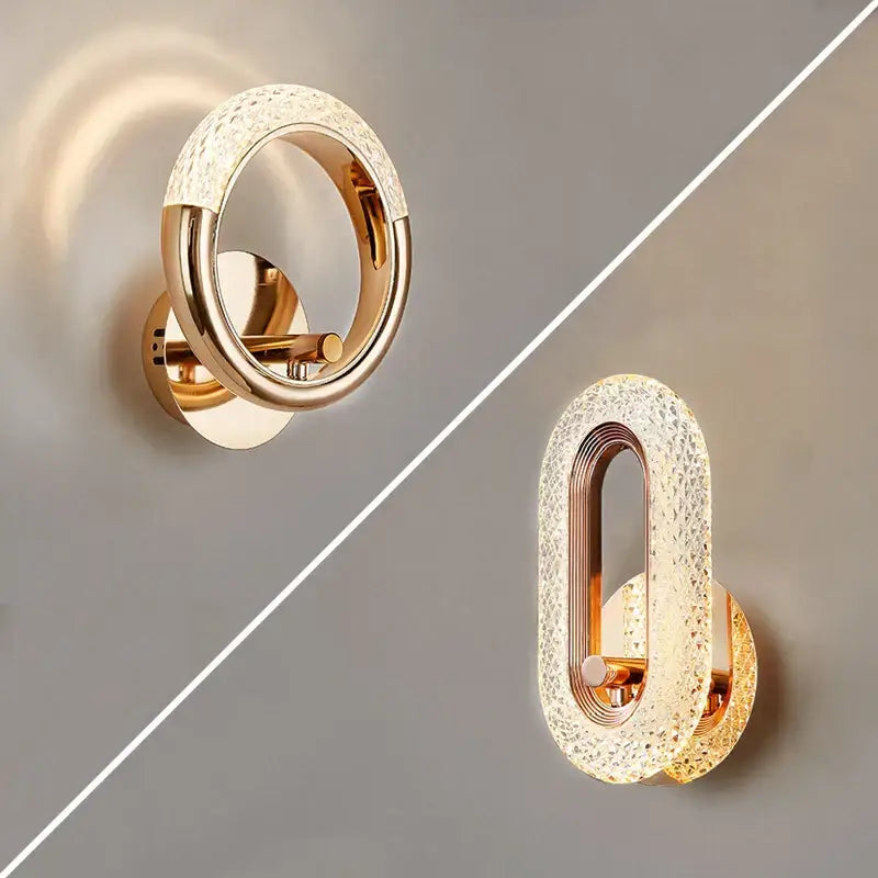 Modern gold led wall lamp featuring a textured translucent crystal ring and sleek metallic accents for living room use