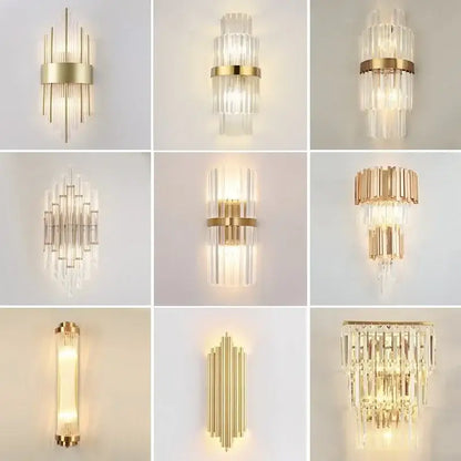 Modern gold crystal led wall lamps featuring cascading clear rods for elegant bedroom lighting wall lamps