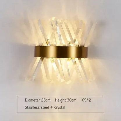 Modern gold crystal led wall lamps with circular stainless steel base and clear crystal prisms for bedroom wall lamps