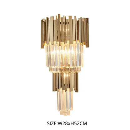 Modern gold crystal led wall lamp featuring cascading tiers of polished metal rods and clear crystal prisms