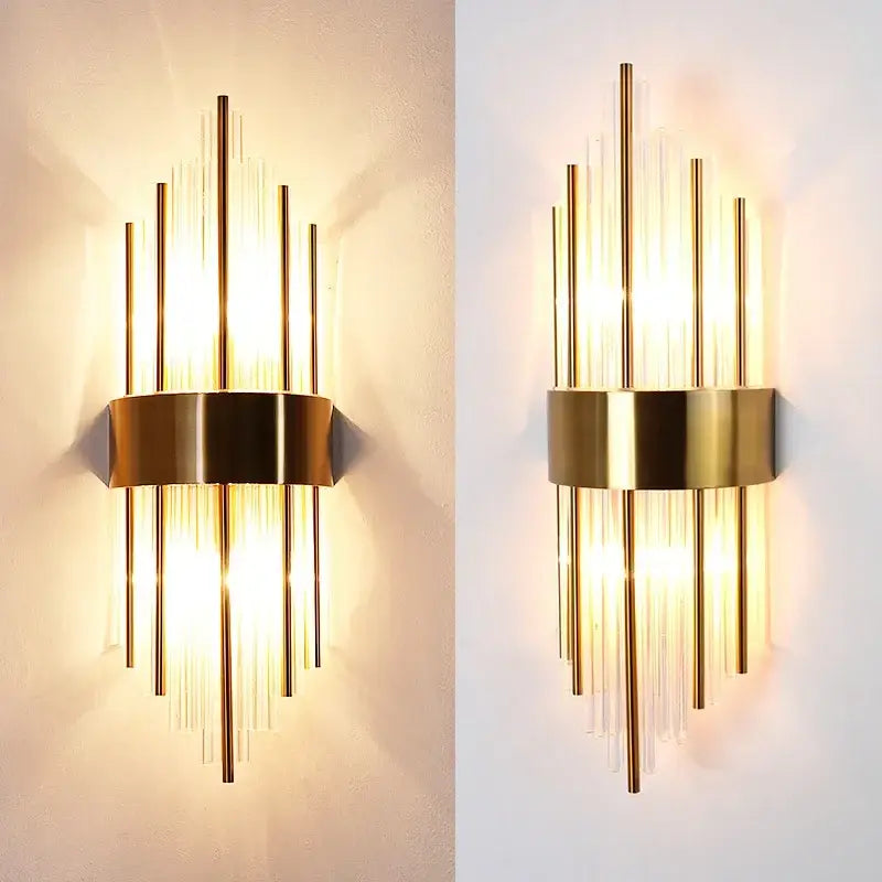 Modern gold crystal led wall lamp featuring vertical glass rods and sleek metallic base for bedroom lighting