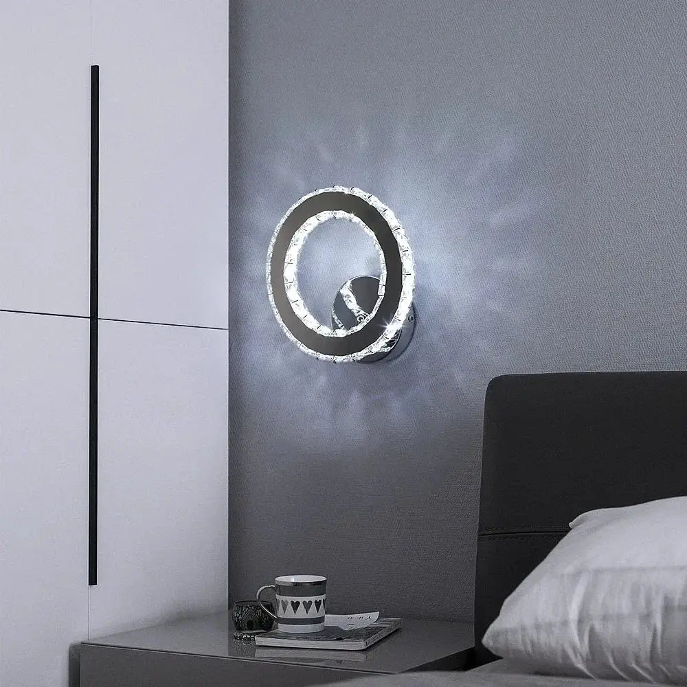 Modern circular led wall light with sleek chrome finish and crystal accents perfect for decorbites crystal led decor