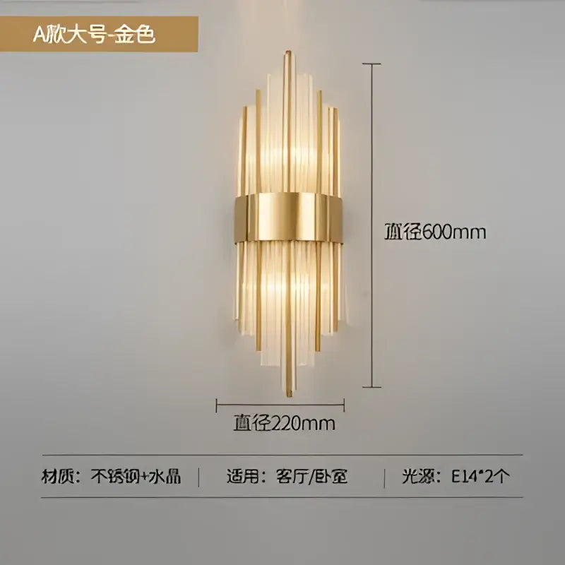 Modern gold crystal led wall light featuring slender vertical crystal rods and a central metallic band for decorbites crystal led decor