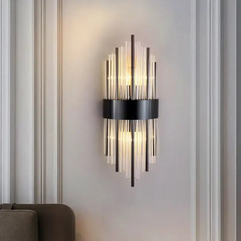 Modern gold crystal led wall light featuring a black metal ring and clear glass rods for warm living room decorbites crystal led ambiance