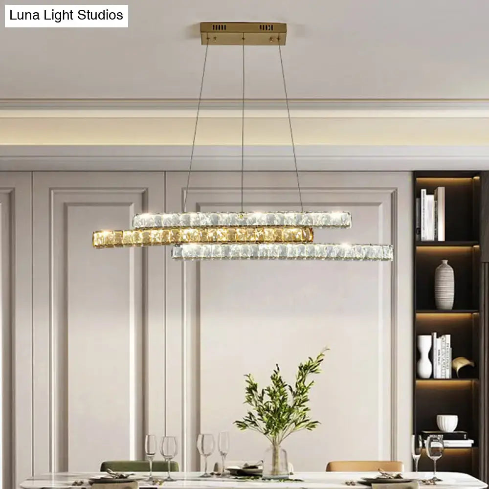 Modern DecorBites gold linear island pendant light with clear and gold crystal accents and brass finish ceiling mount