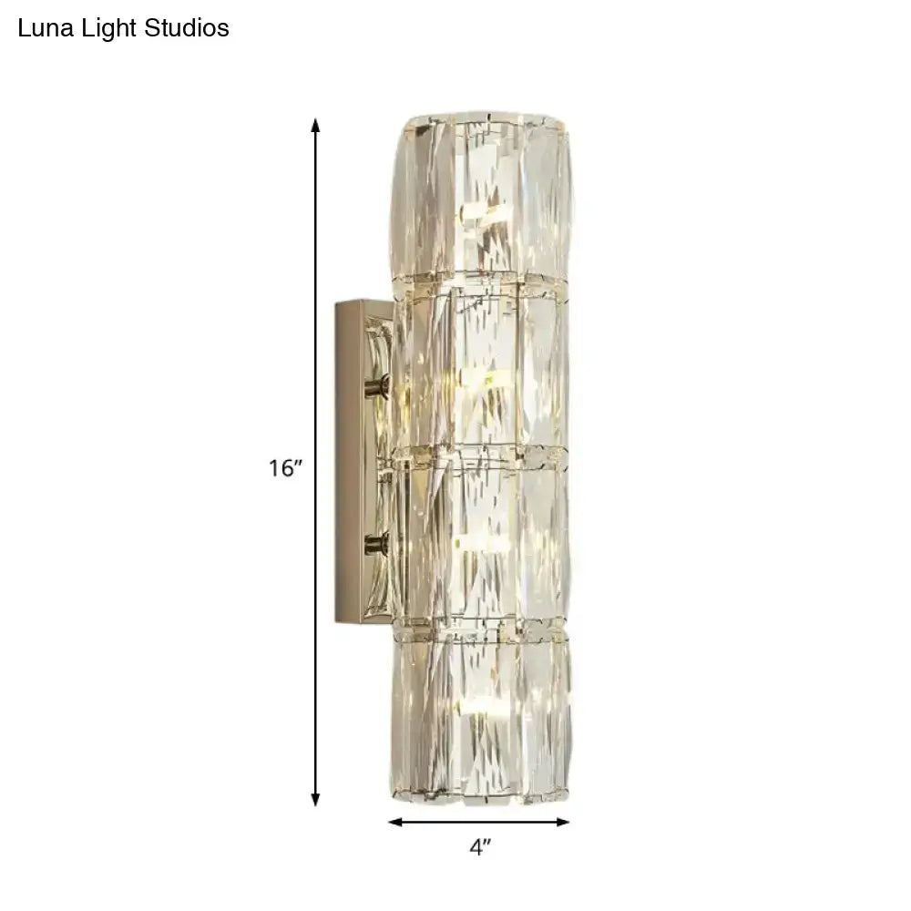 Clear faceted crystal glass linear wall light with brushed nickel finish ideal for modern dining room sconces