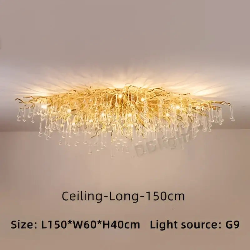 Modern gold crystal luxury ceiling chandelier with intricate branching design and dangling clear crystals decorbites crystal luxury