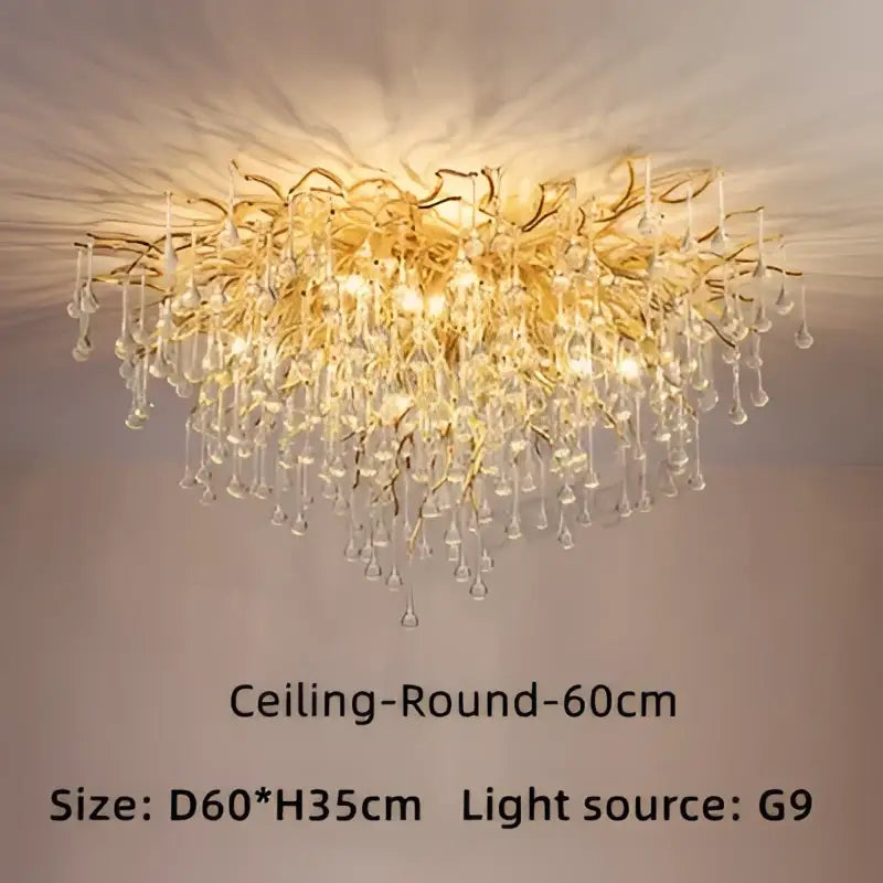 Modern gold crystal luxury ceiling chandelier with cascading crystal droplets and intricate branching arms for dining room decorbites crystal luxury