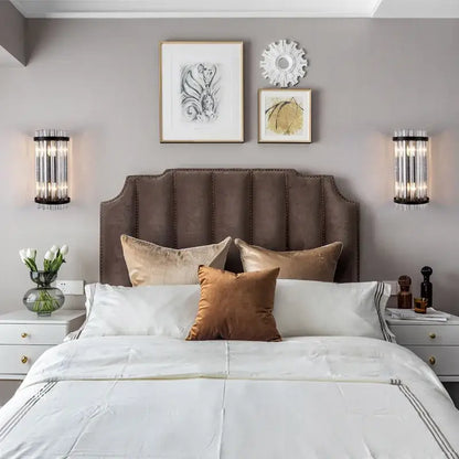 Brown tufted velvet headboard with nailhead trim paired with modern gold crystal luxury wall lamp bedroom sconce decorbites crystal luxury wall