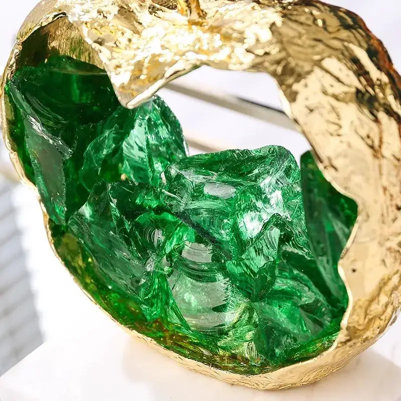 Modern gold crystal metal fruit sculpture set featuring a textured apple brooch with green glass decorbites crystal metal shards