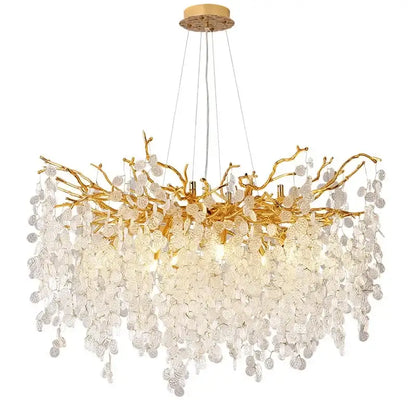 Modern gold crystal money tree chandelier with intricate branch metalwork and cascading clear crystal leaves for living room decorbites crystal money