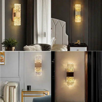 Modern gold crystal nordic led wall sconce with textured translucent crystal body and metal accents for bedroom decorbites crystal nordic