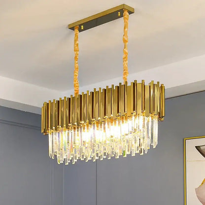 Modern gold crystal oval ceiling chandelier with gold-toned rectangular frame and cascading clear crystal prisms for living room decorbites crystal oval
