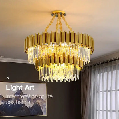 Modern gold crystal oval ceiling chandelier with cascading crystal prisms and twisted brass chains for living room decorbites crystal oval