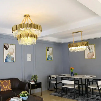 Modern gold crystal oval ceiling chandelier with cascading crystal tiers for elegant living room decorbites crystal oval lighting