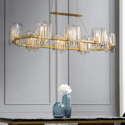 Decorbites modern gold ceiling pendant lamp with clear crystal icicle shade and elongated oval design with 8 bulbs