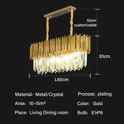 Modern gold crystal oval round chandelier with gold-plated metal bars and cascading clear crystals for dining room decorbites crystal oval