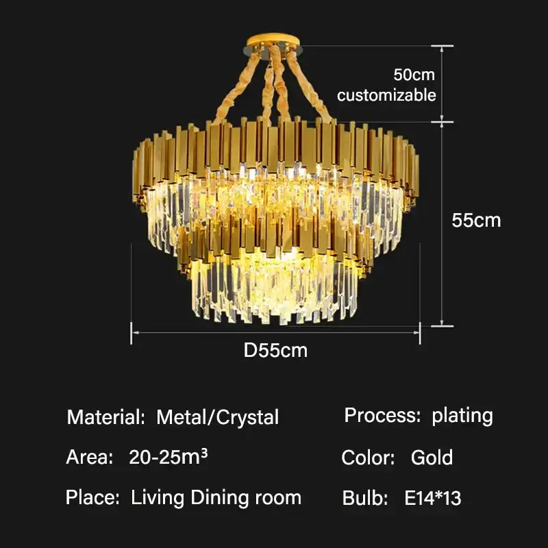 Modern gold crystal oval round chandelier with gold-plated metal and tiered cylindrical design for dining room decorbites crystal oval