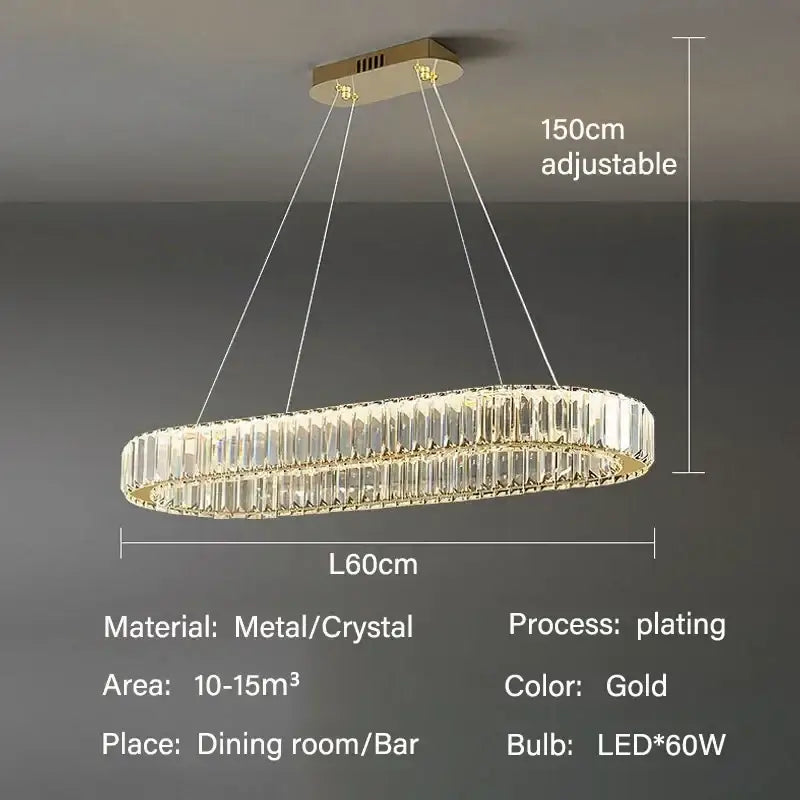 Gold-plated oval decorbites crystal pendant chandelier with crystal accents, 150cm adjustable height, 60cm wide for dining room decor