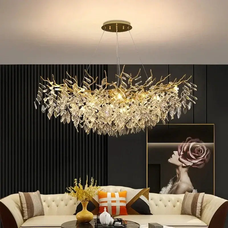 Modern gold crystal pendant chandelier with crystal leaf and branch accents for luxury living room decorbites crystal pendant