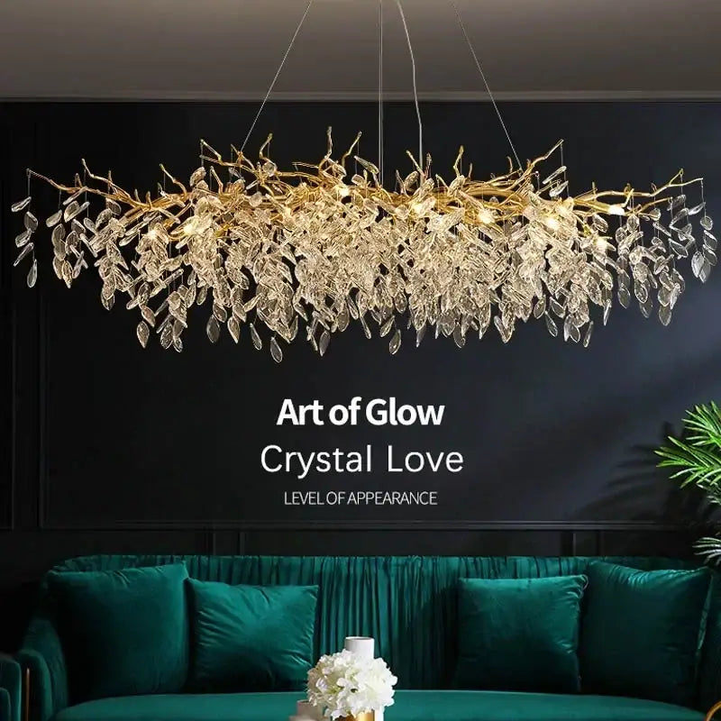Modern gold crystal pendant chandelier with golden branch style and clear crystal leaves for luxury living room decorbites decor