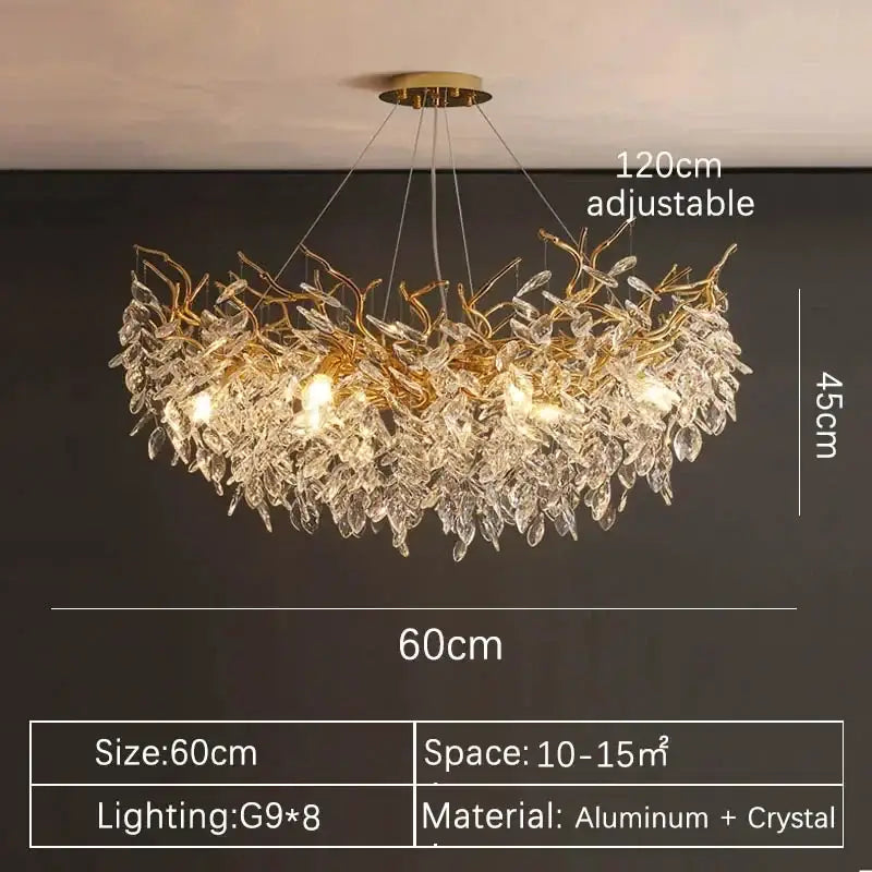 Modern gold crystal pendant chandelier with golden leaf design and clear crystal accents made from aluminum and crystal