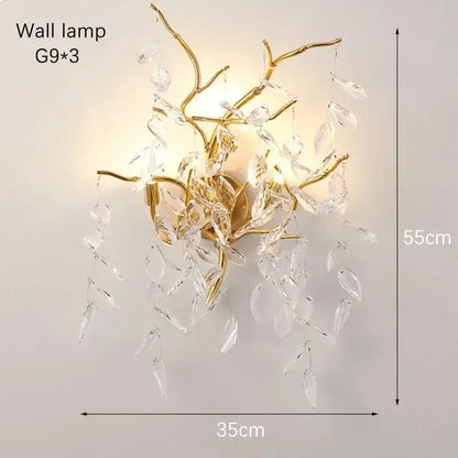 Modern gold crystal pendant chandelier with gold-toned branch design and dangling clear crystal leaves for luxury decorbites decor