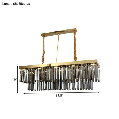 DecorBites modern gold pendant light with rectangular frame and 10 crystal-cut prism shades for dining rooms