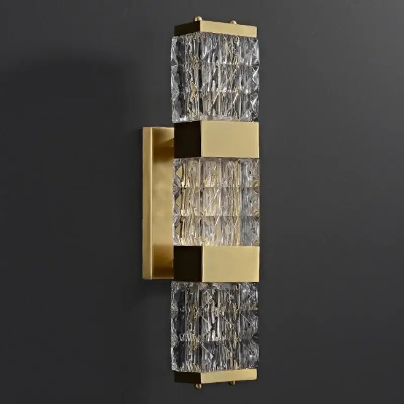 Modern gold wall lamp with three stacked decorbites crystal rectangle panels for luxury bedroom lighting decor