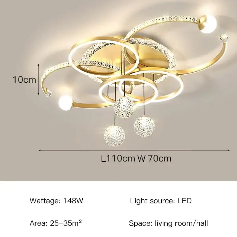 Modern gold crystal ring chandelier pendant light with interlocking rings and dimmable led bulbs for dining room use