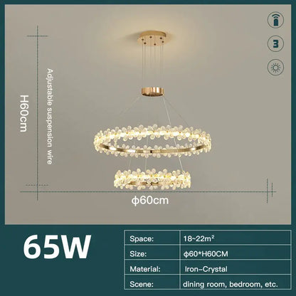 Modern gold crystal ring led chandelier with double rings crystal flower accents and adjustable suspension wire for dining room decorbites crystal ring