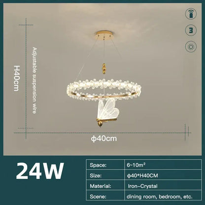 Modern gold crystal ring led chandelier with circular crystal frame and illuminated butterfly pendant in iron and crystal
