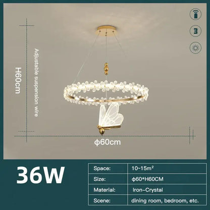 Modern gold crystal ring led chandelier with circular iron crystal frame and ornate butterfly pendant for dining room decorbites crystal ring