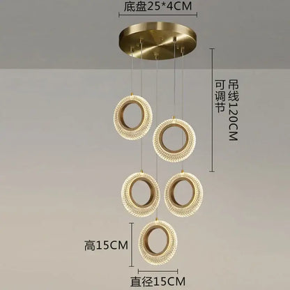 Modern gold crystal ring led chandelier with five brass-finished circular crystal rings for kitchen decorbites crystal ring