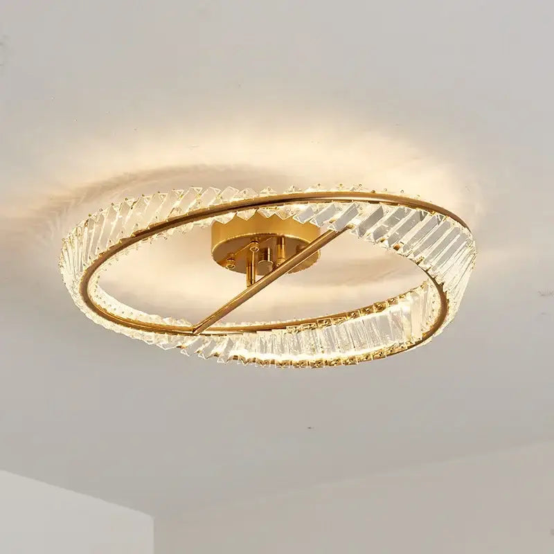 Modern gold ceiling light featuring two concentric decorbites crystal rings led for elegant living room decor