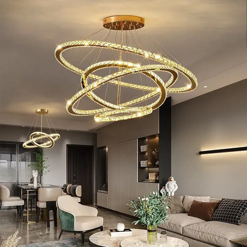 Modern gold crystal rings pendant light featuring interlocking golden crystal rings for elegant living room decorbites crystal rings