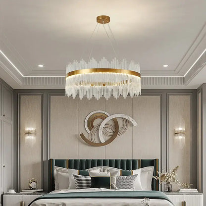 Modern gold crystal rod round chandelier featuring clear crystal prisms on a circular frame for living room decorbites crystal rod