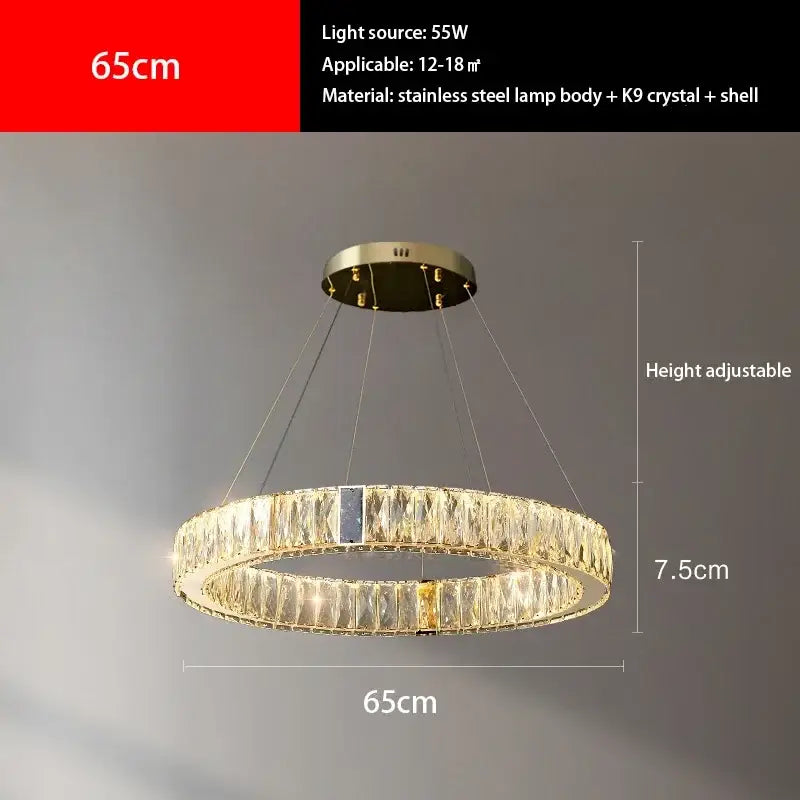 Modern gold crystal round ceiling chandelier with stainless steel frame k9 crystal accents and adjustable height decorbites crystal round