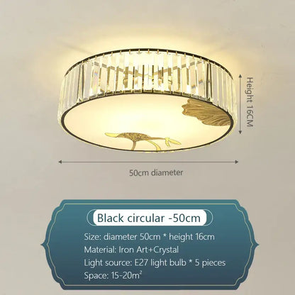 Modern gold crystal round ceiling light with black frame clear crystal rods and gold leaf bird decorbites crystal round design