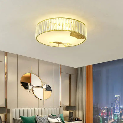 Modern gold crystal round ceiling light with vertical crystal accents and lotus leaf motif for bedroom decorbites crystal round