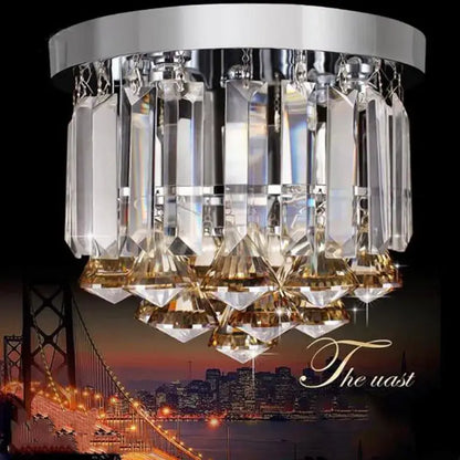 Modern gold crystal round ceiling lights featuring a chrome base and faceted prisms for luxe living room decorbites crystal round
