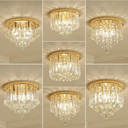 Modern gold crystal round ceiling lights featuring a gold-finished crystal round chandelier with clear glass prisms