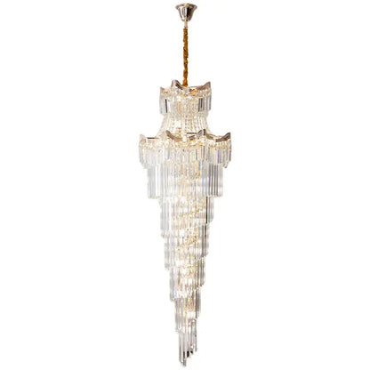 Modern gold decorbites crystal stair chandelier with cascading clear glass prisms and silver metal frame for living room