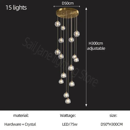 Modern gold crystal stair chandelier with 15 hanging crystal spheres in football shaped brass fixture for stairwell decorbites crystal stair