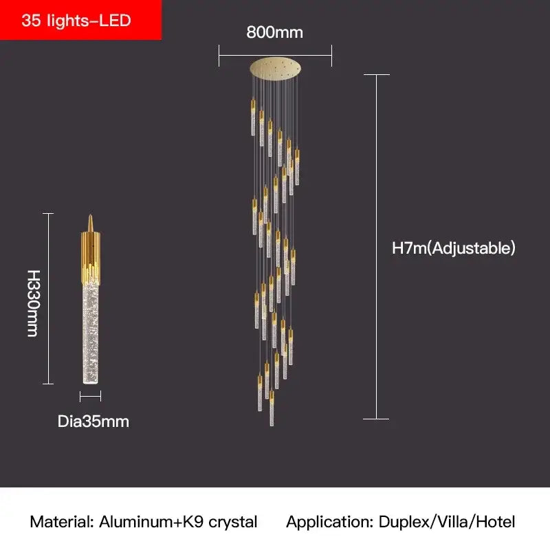 Elegant gold-toned decorbites crystal staircase chandelier with 35 led lights and clear crystals in a modern cascading design