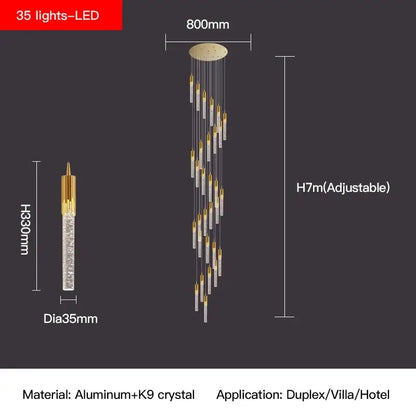 Elegant gold-toned decorbites crystal staircase chandelier with 35 led lights and clear crystals in a modern cascading design