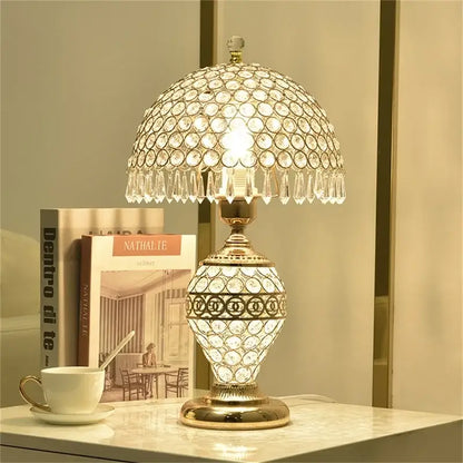 Elegant gold-toned crystal table lamp with dome shade and dimmer remote control for modern bedroom decorbites crystal table