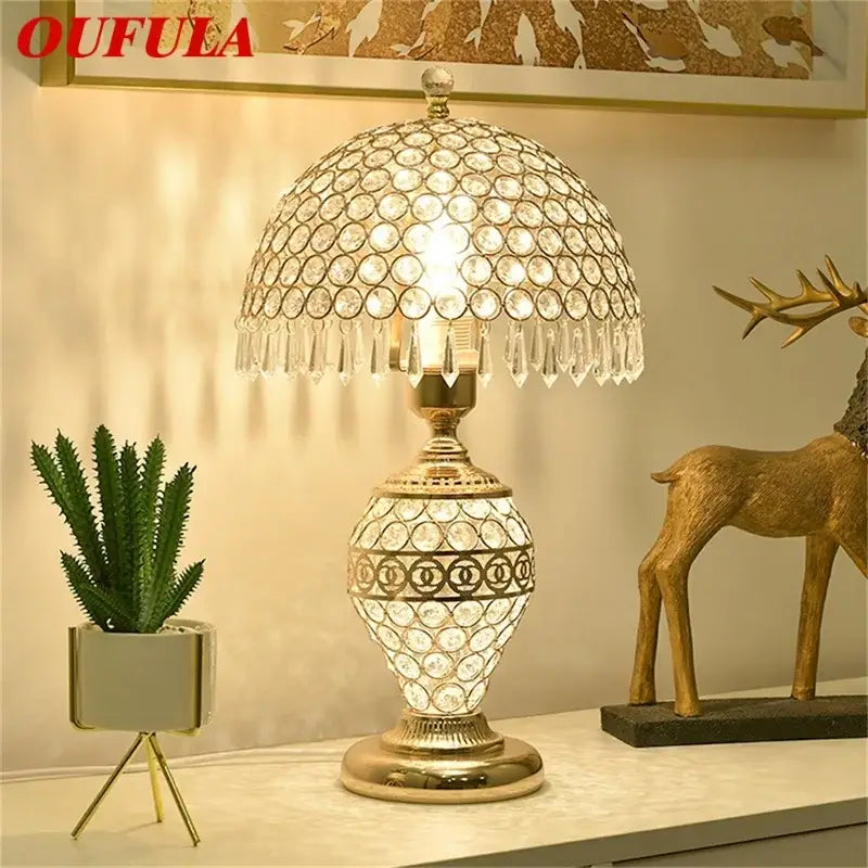 Modern gold-toned crystal table lamp with dome-shaped shade and dimmer remote control for elegant bedroom decorbites crystal table use