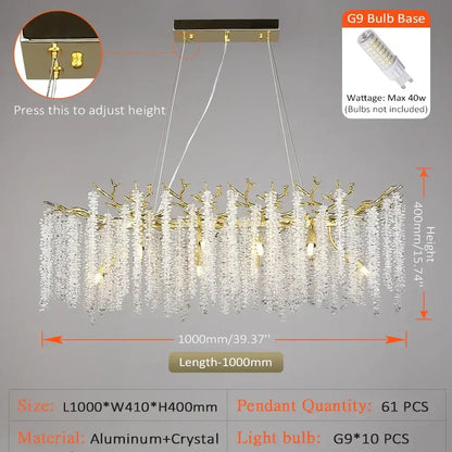 Modern gold crystal tassel chandelier with gold-toned branch design and cascading clear crystal droplets by decorbites crystal tassel